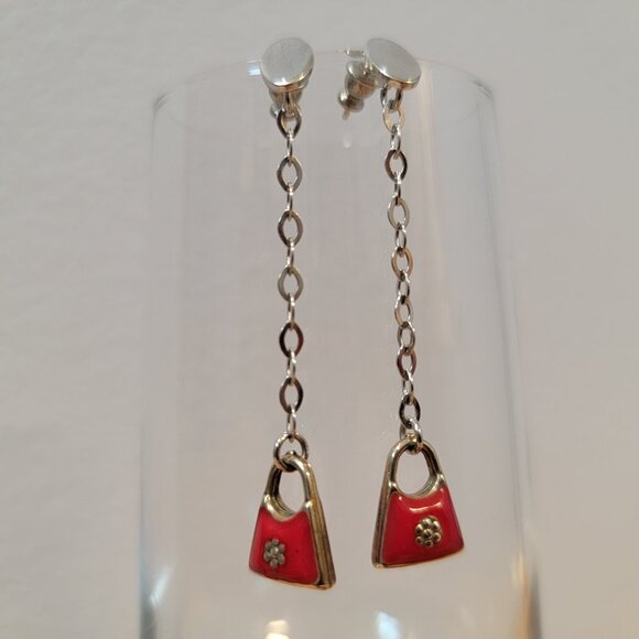 Red Earrings Drop Dangle Silver Red Elegant Purse Hand Bag - Picture 1 of 5